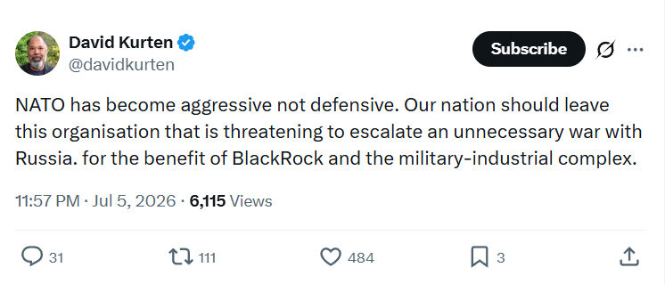 David Kurten: NATO has become aggressive not defensive...