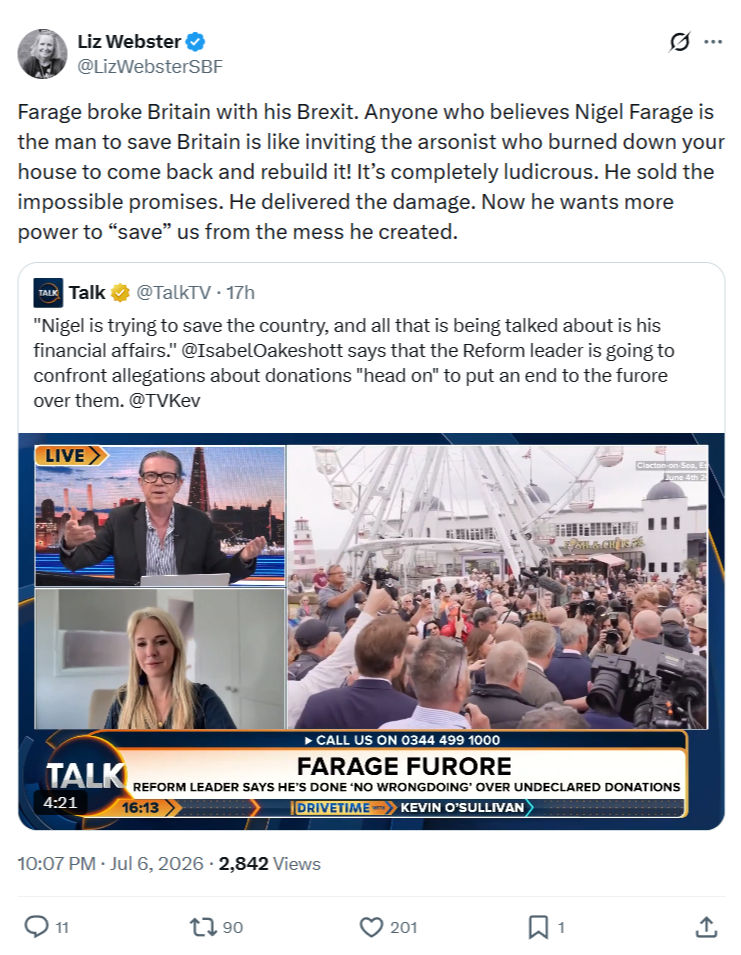 Liz Webster: Farage broke Britain with his Brexit...