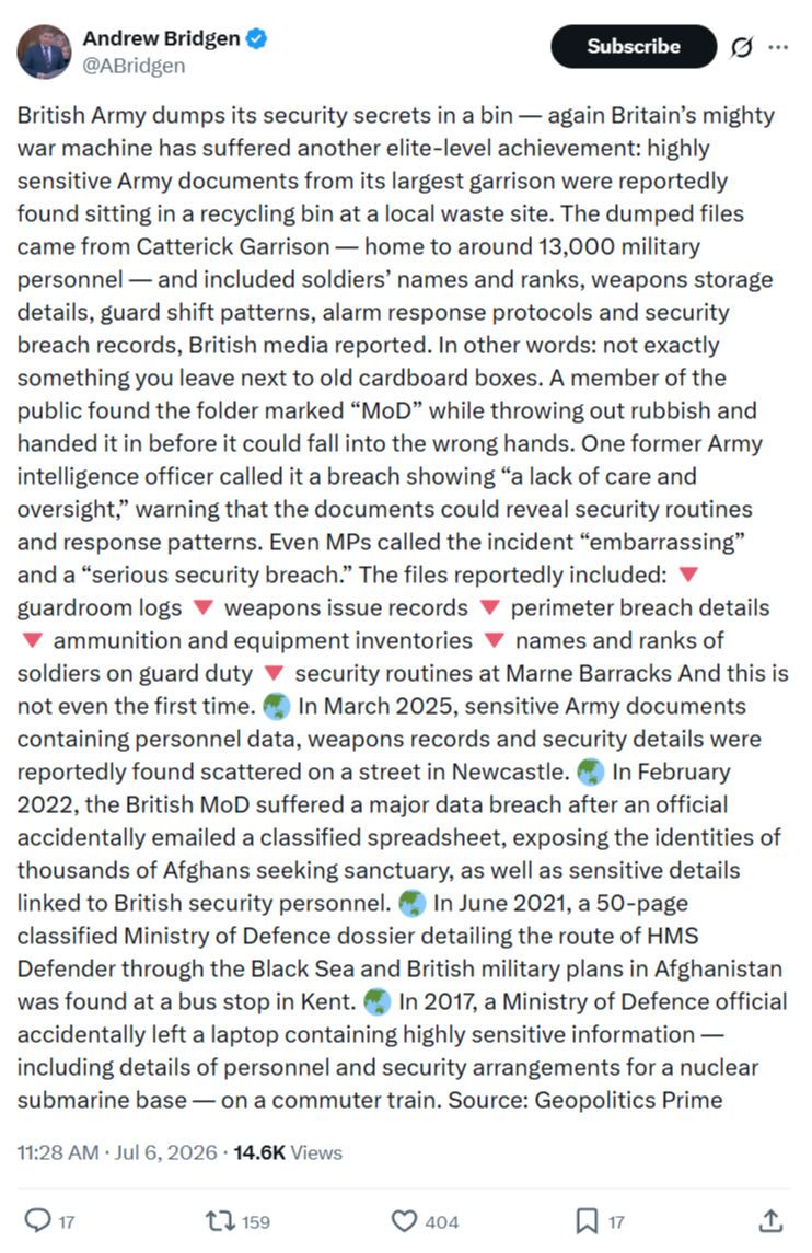 Andrew Bridgen: British Army dumps its security secrets in a bin...