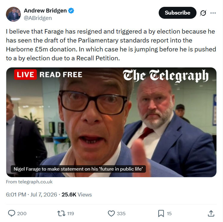 Andrew Bridgen: I believe that Farage has resigned...