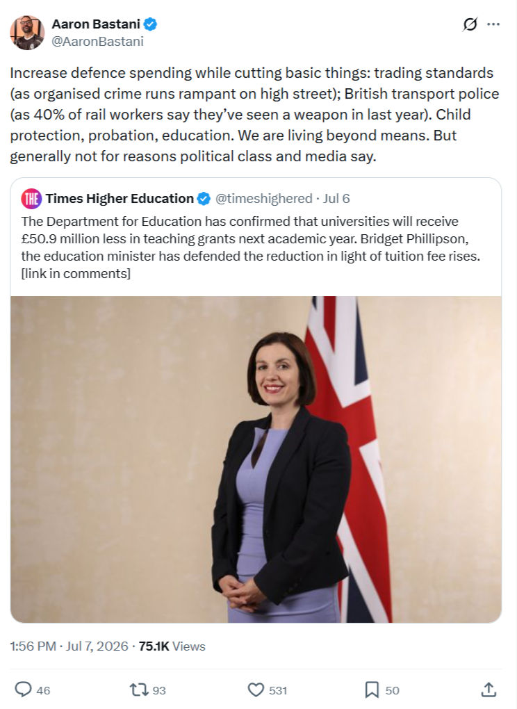 Aaron Bastani: Increase defence spending while cutting...