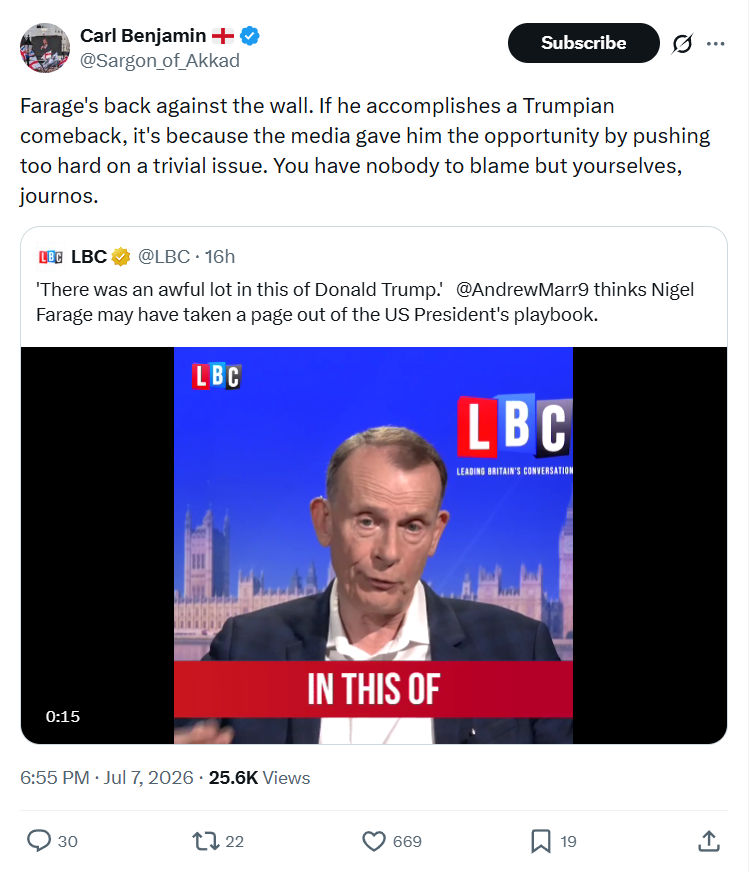 Carl Benjamin: Farage's back against the wall...