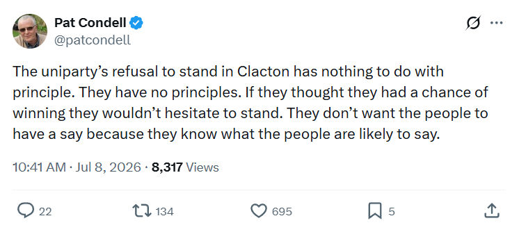 Pat Condell: The uniparty’s refusal to stand in Clacton...