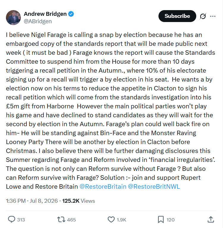 Andrew Bridgen: I believe Nigel Farage is calling a snap by election...