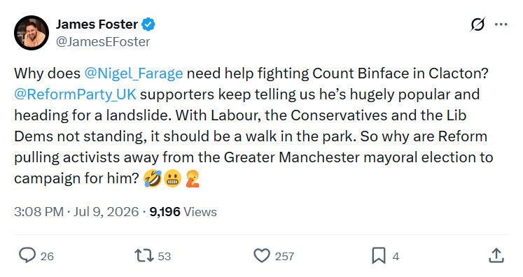 James Foster: Why does @Nigel_Farage need help fighting Count Binface in Clacton...