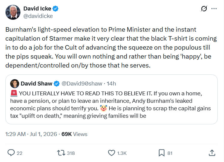 David Icke: Burnham's light-speed elevation to Prime Minister...