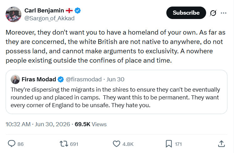 Carl Benjamin: Moreover, they don't want you to have a homeland...