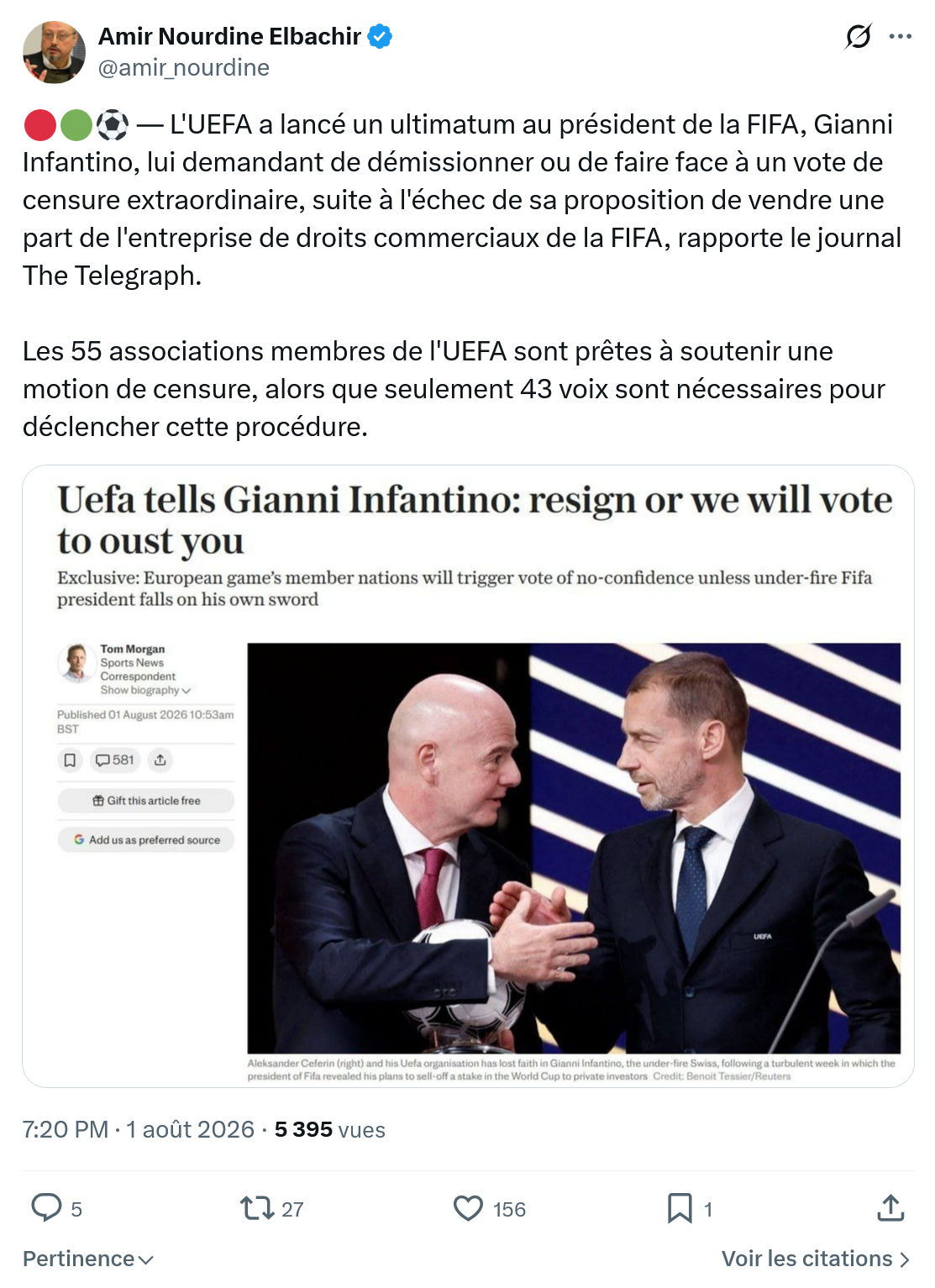 Amir Nourdine Elbachir: L'UEFA a lancé un ultimatum...
