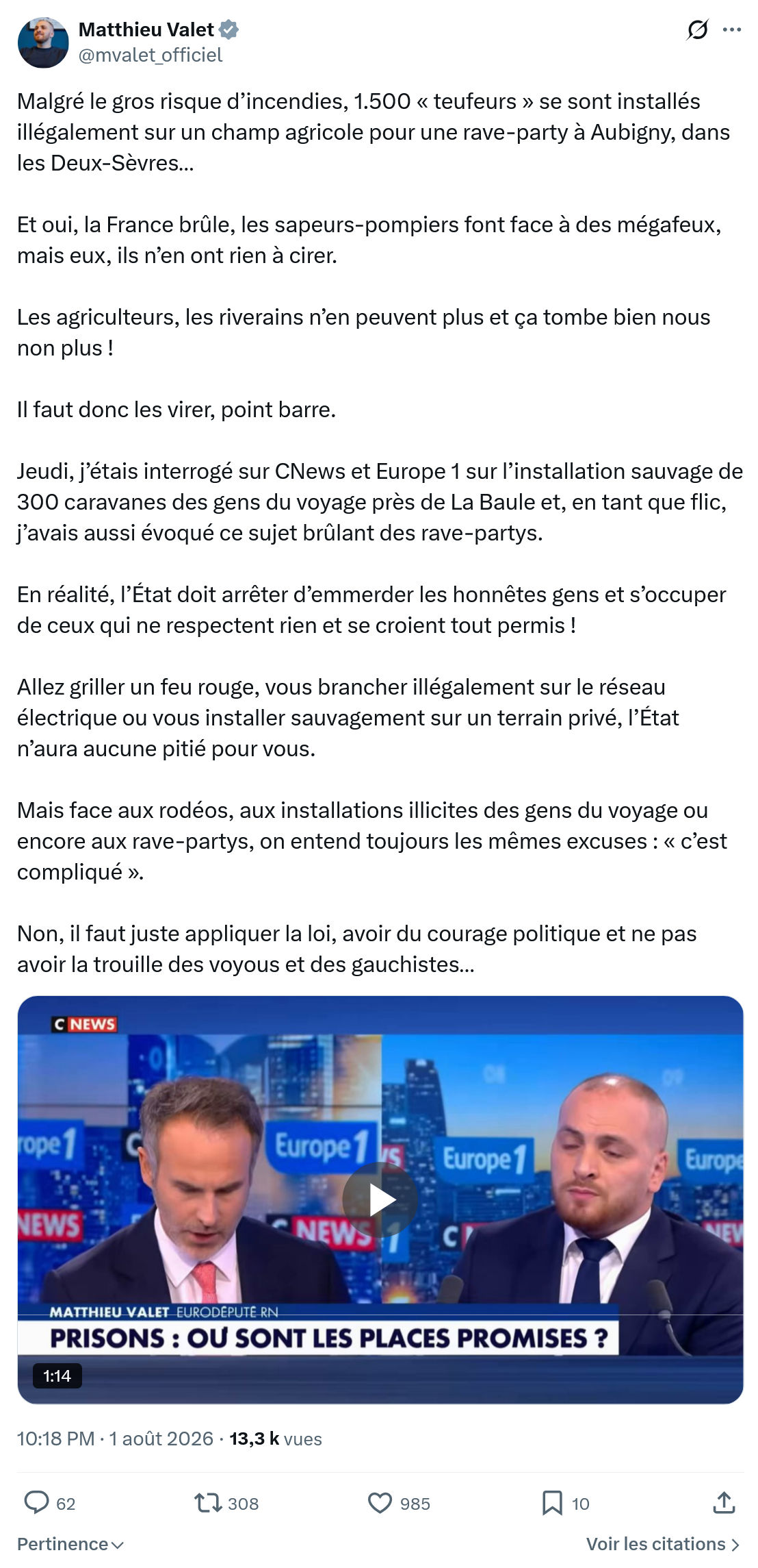 Matthieu Valet: Malgré le gros risque d’incendies...
