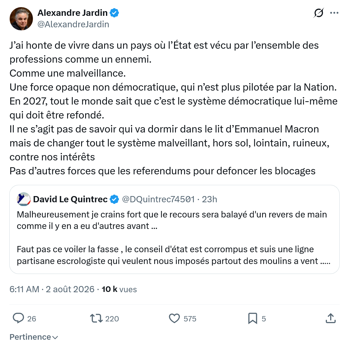Alexandre Jardin: J’ai honte de vivre dans un pays où l’État...