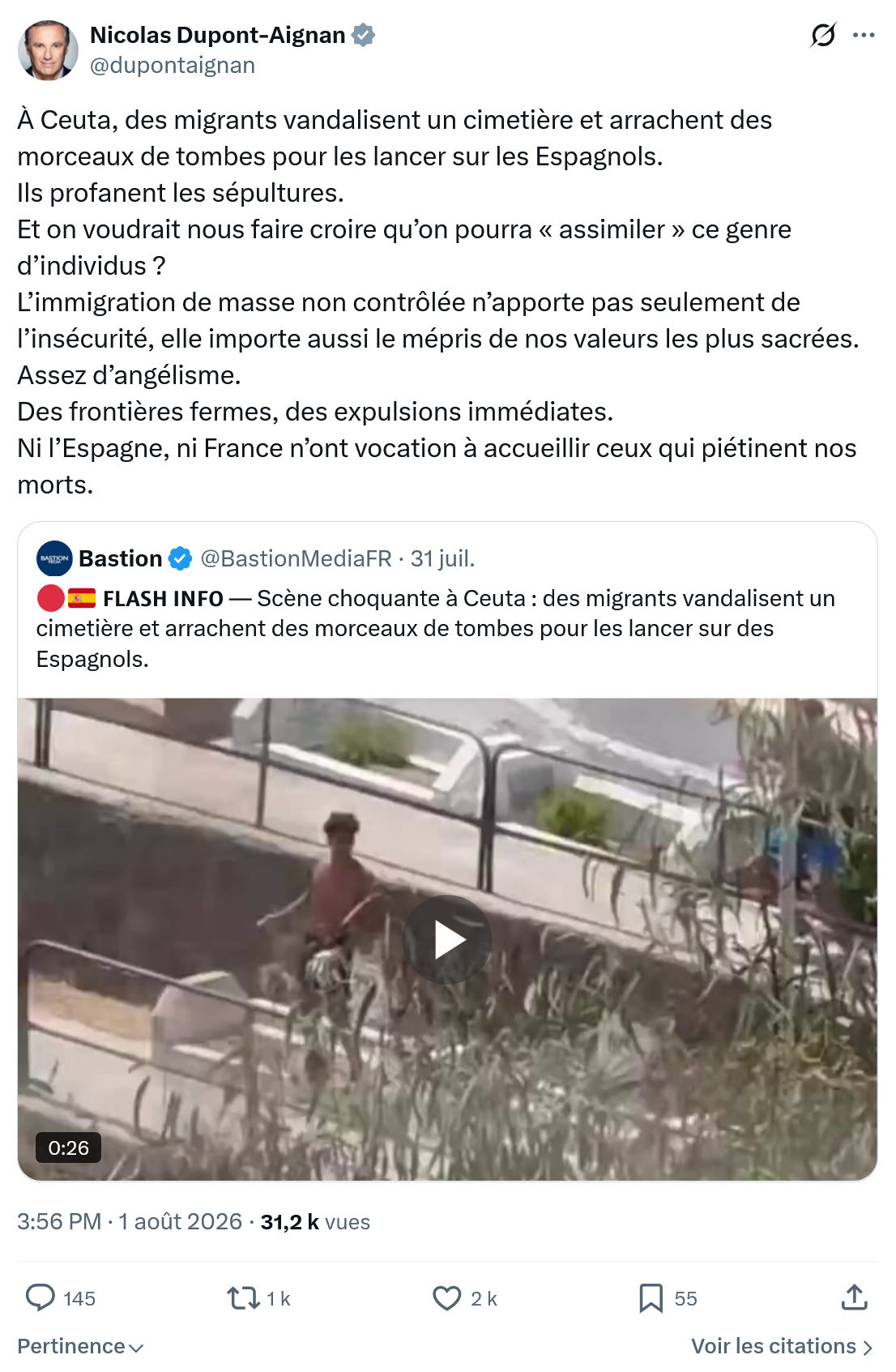 Nicolas Dupont-Aignan: À Ceuta, des migrants vandalisent...
