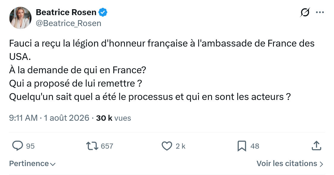 Béatrice Rosen: Fauci a reçu la légion d'honneur...