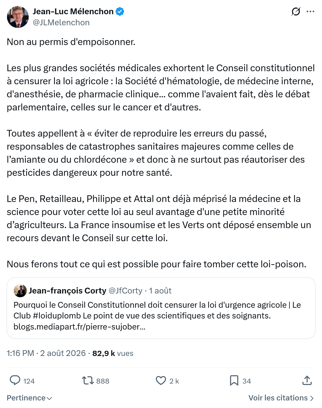 Jean-Luc Mélenchon: Non au permis d'empoisonner...