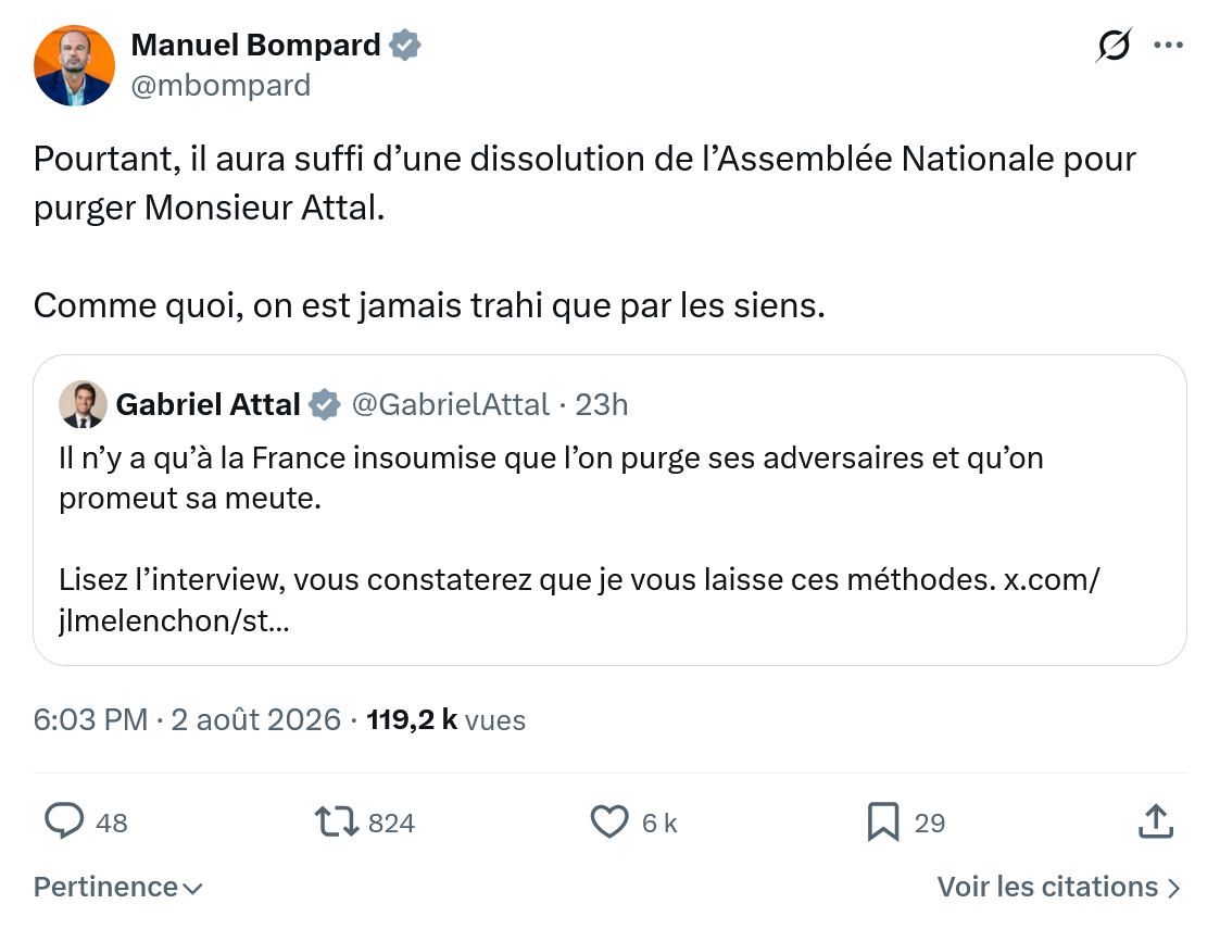 Manuel Bompard: Pourtant, il aura suffi d’une dissolution...