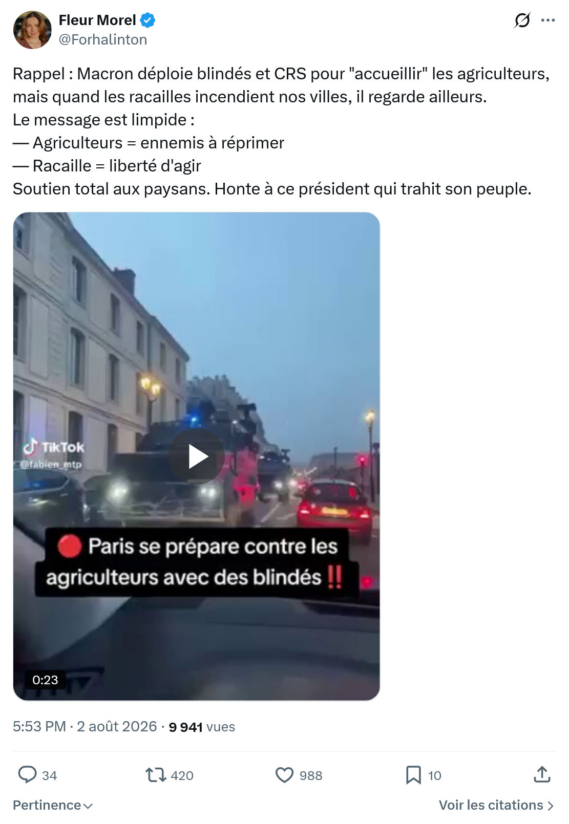 Fleur Morel: Rappel : Macron déploie blindés...