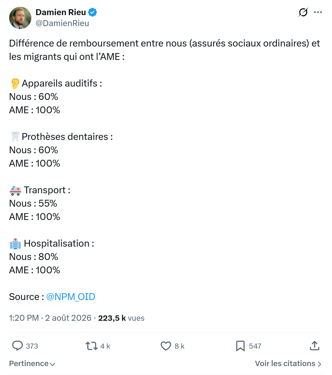 Damien Rieu: Différence de remboursement entre nous...