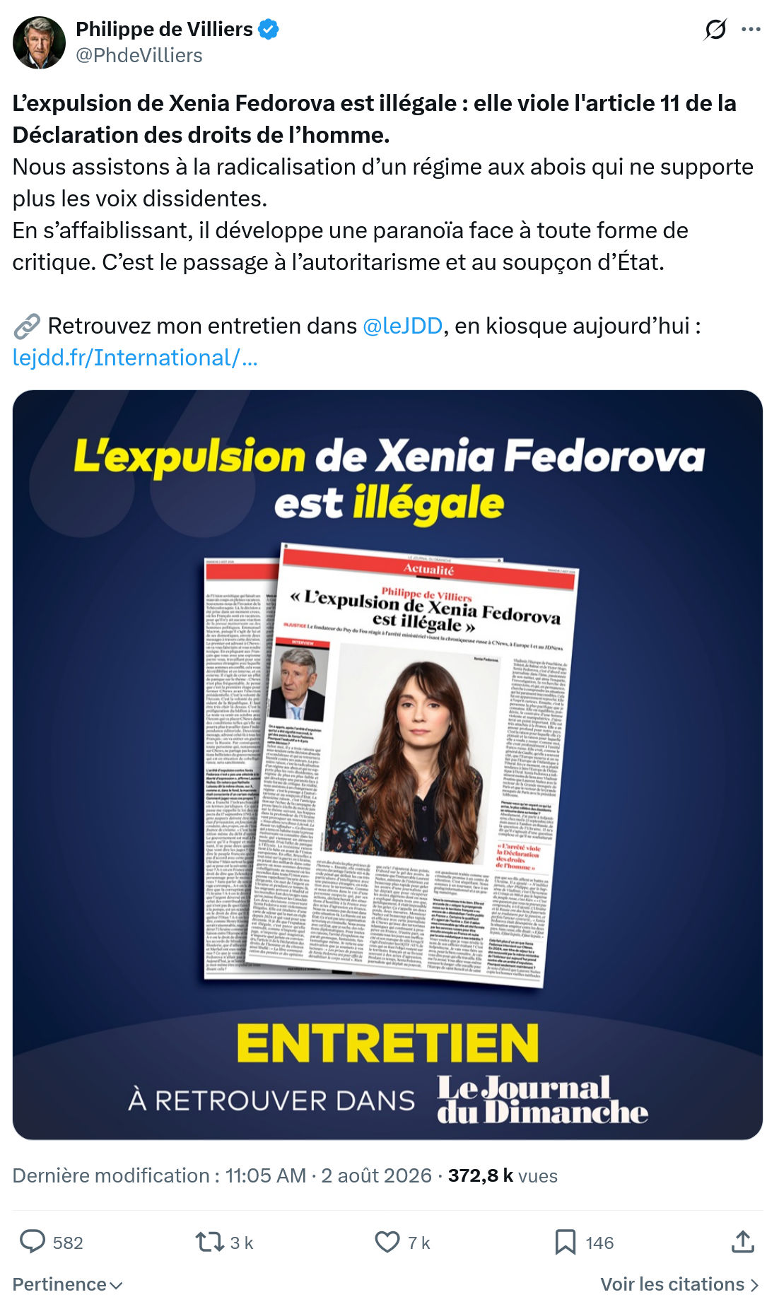 Philippe de Villiers: L’expulsion de Xenia Fedorova...