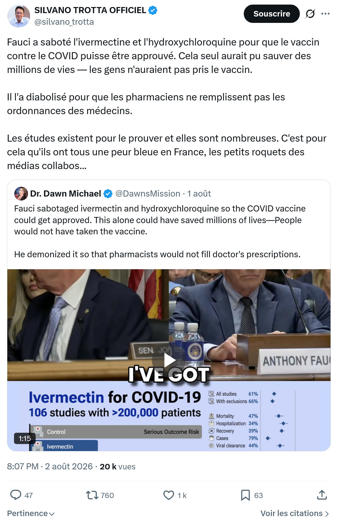 Silvano Trotta: Fauci a saboté l'ivermectine et l'hydroxychloroquine...