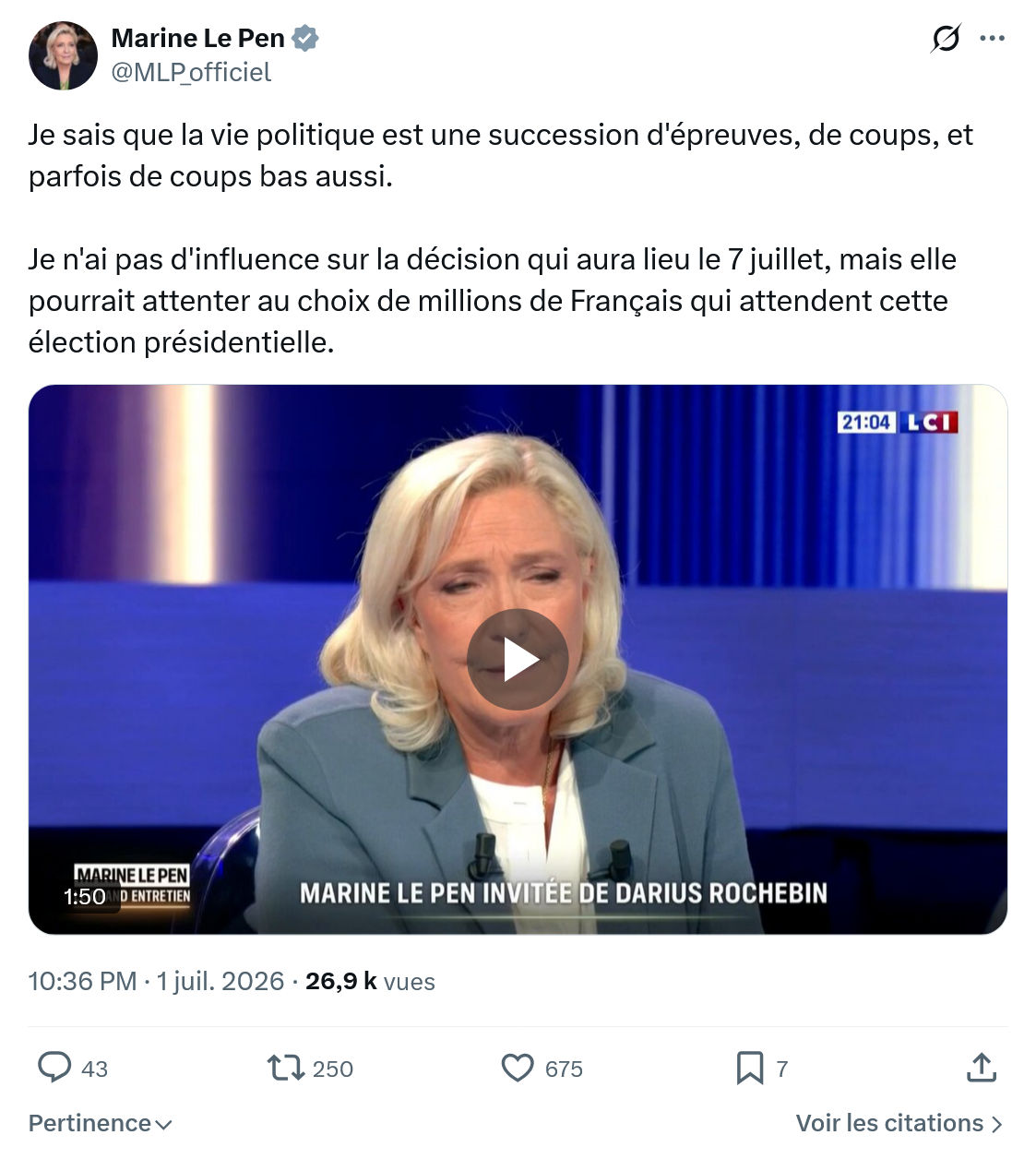 Marine Le Pen: Je sais que la vie politique...