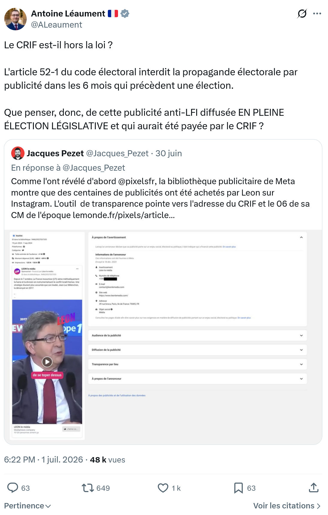 Antoine Léaument: Le CRIF est-il hors la loi?...