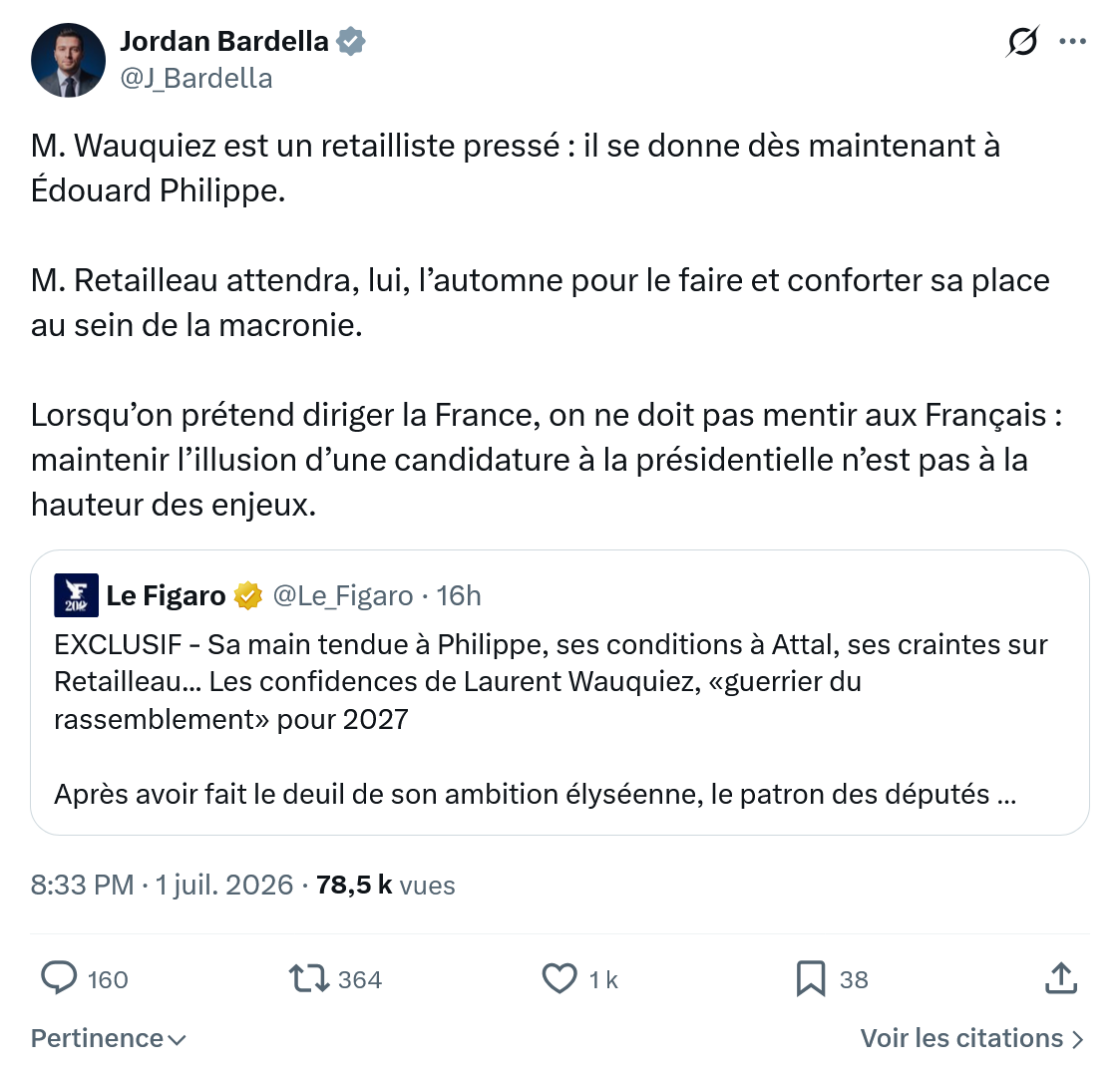 Jordan Bardella: M. Wauquiez est un retailliste pressé...