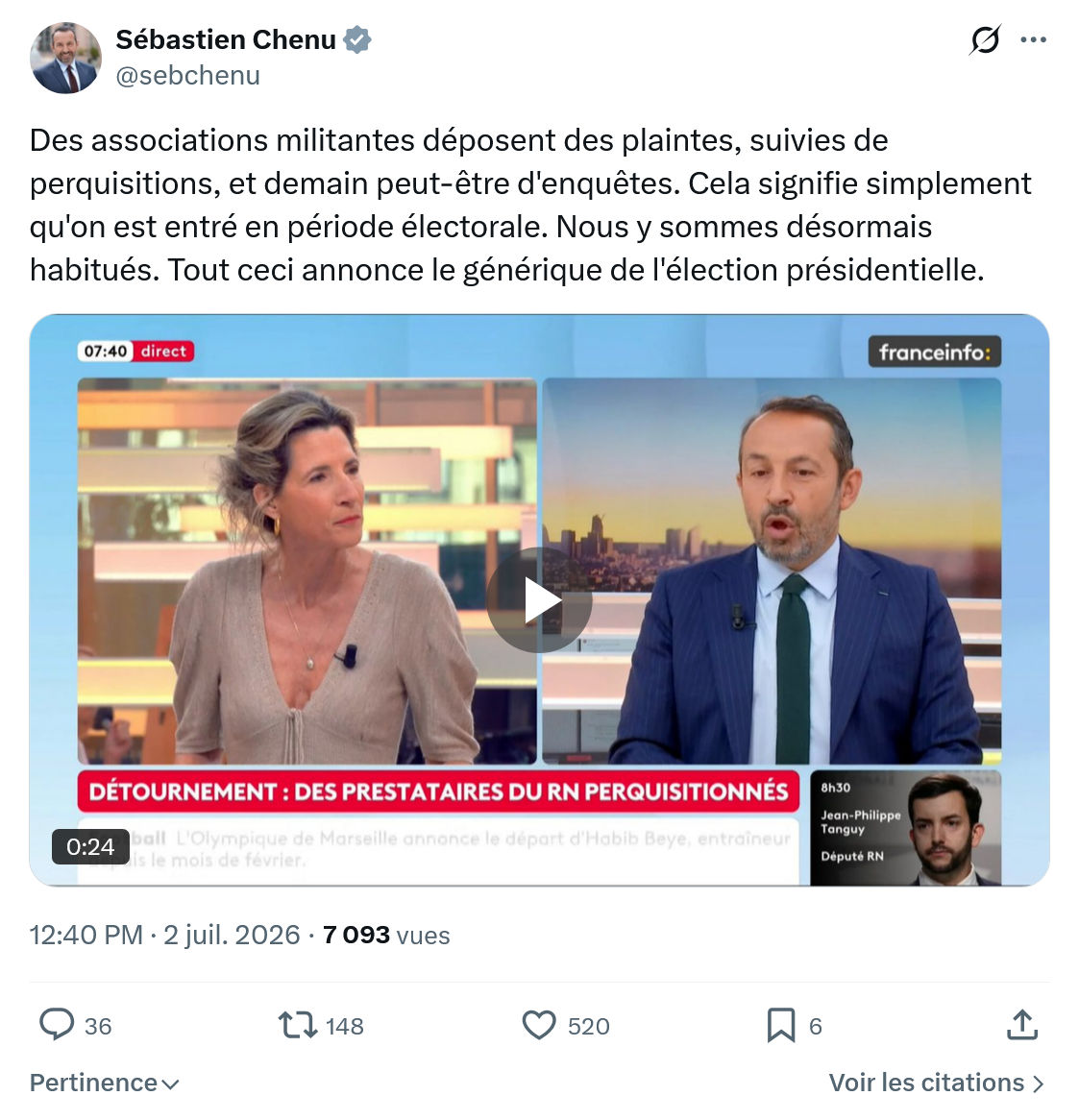 Sébastien Chenu: Des associations militantes déposent des plaintes...