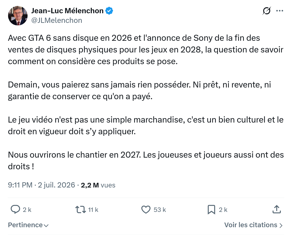 Jean-Luc Mélenchon: Avec GTA 6 sans disque en 2026...