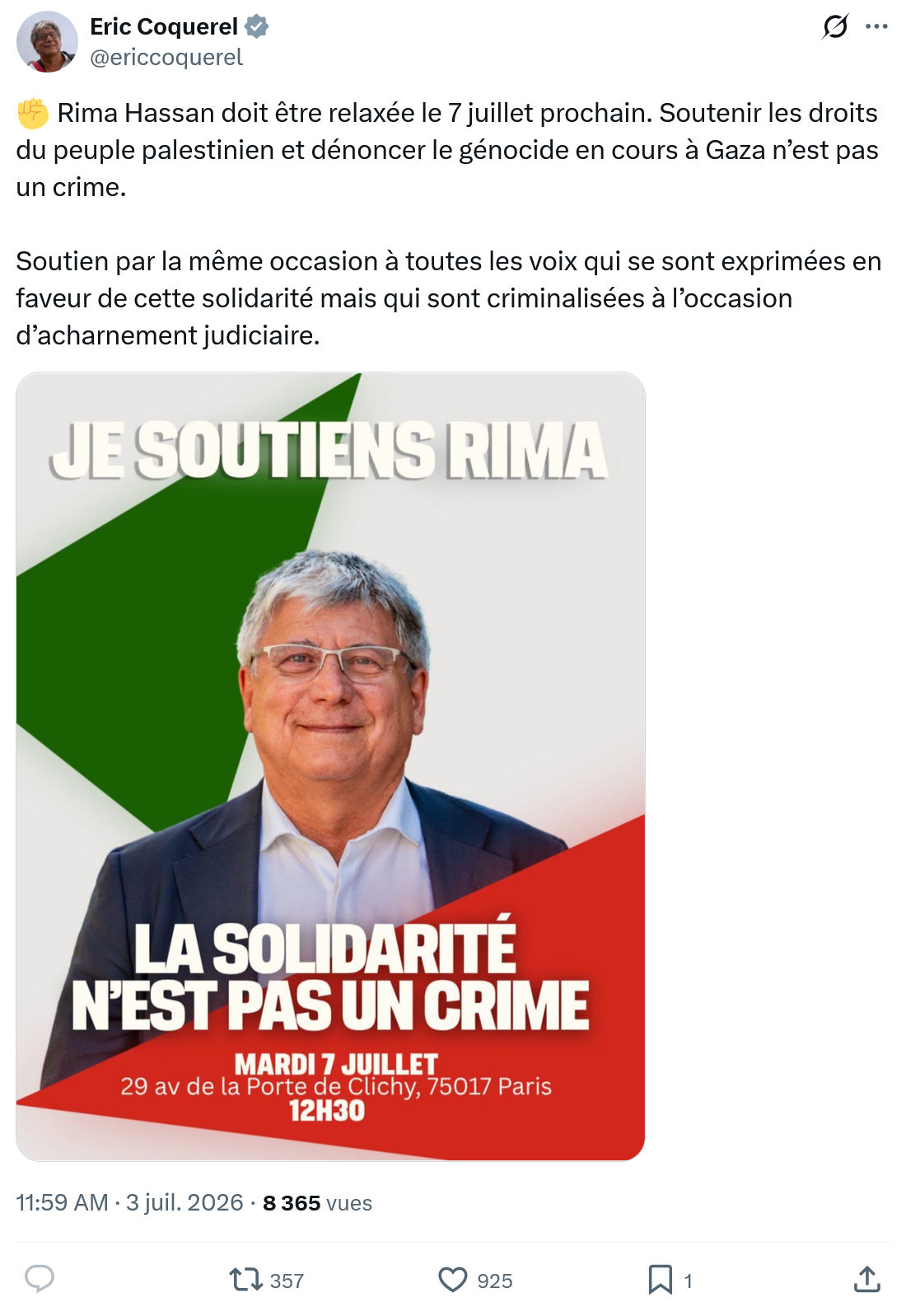 Eric Coquerel: Rima Hassan doit être relaxée...