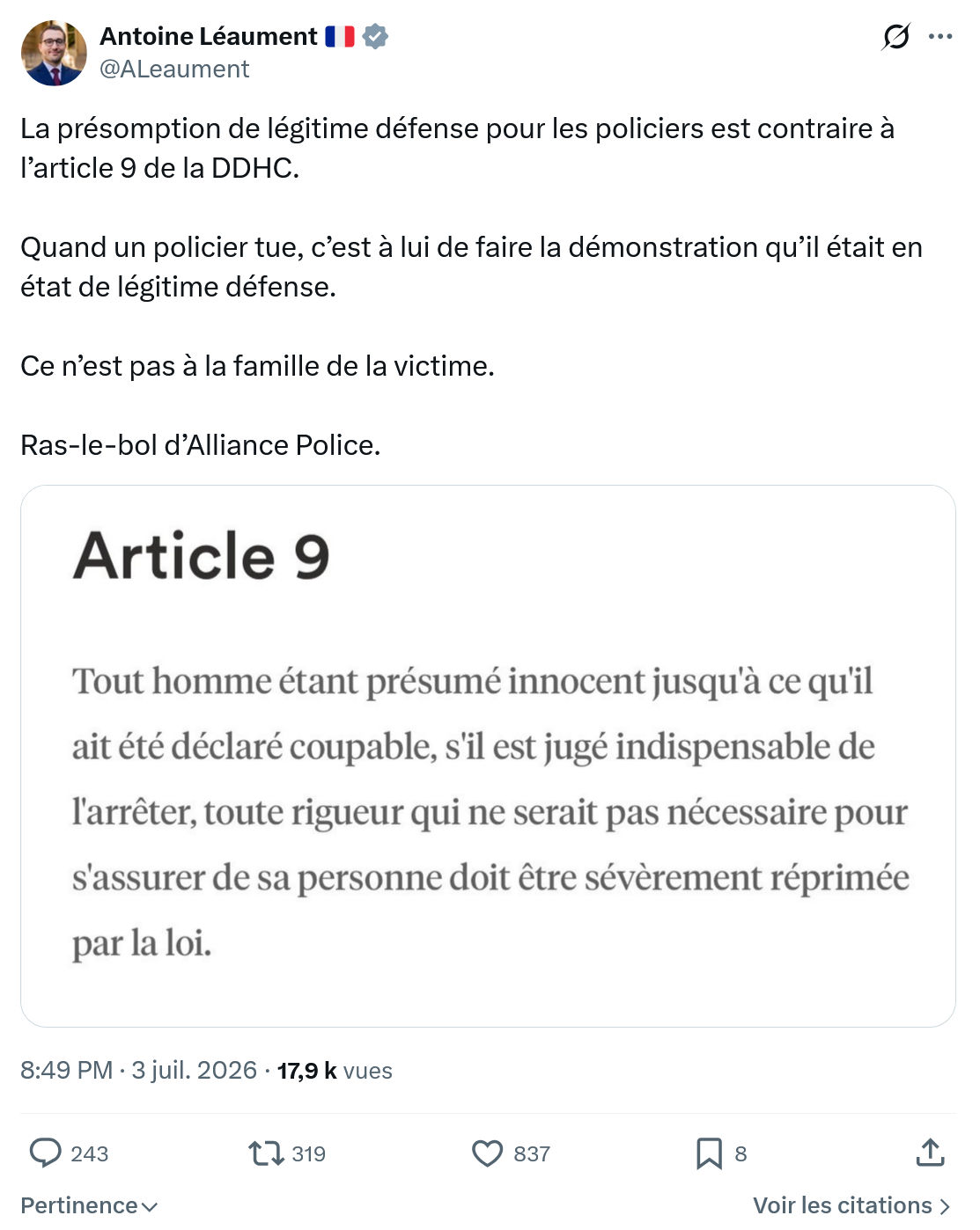 Antoine Léaument: La présomption de légitime...