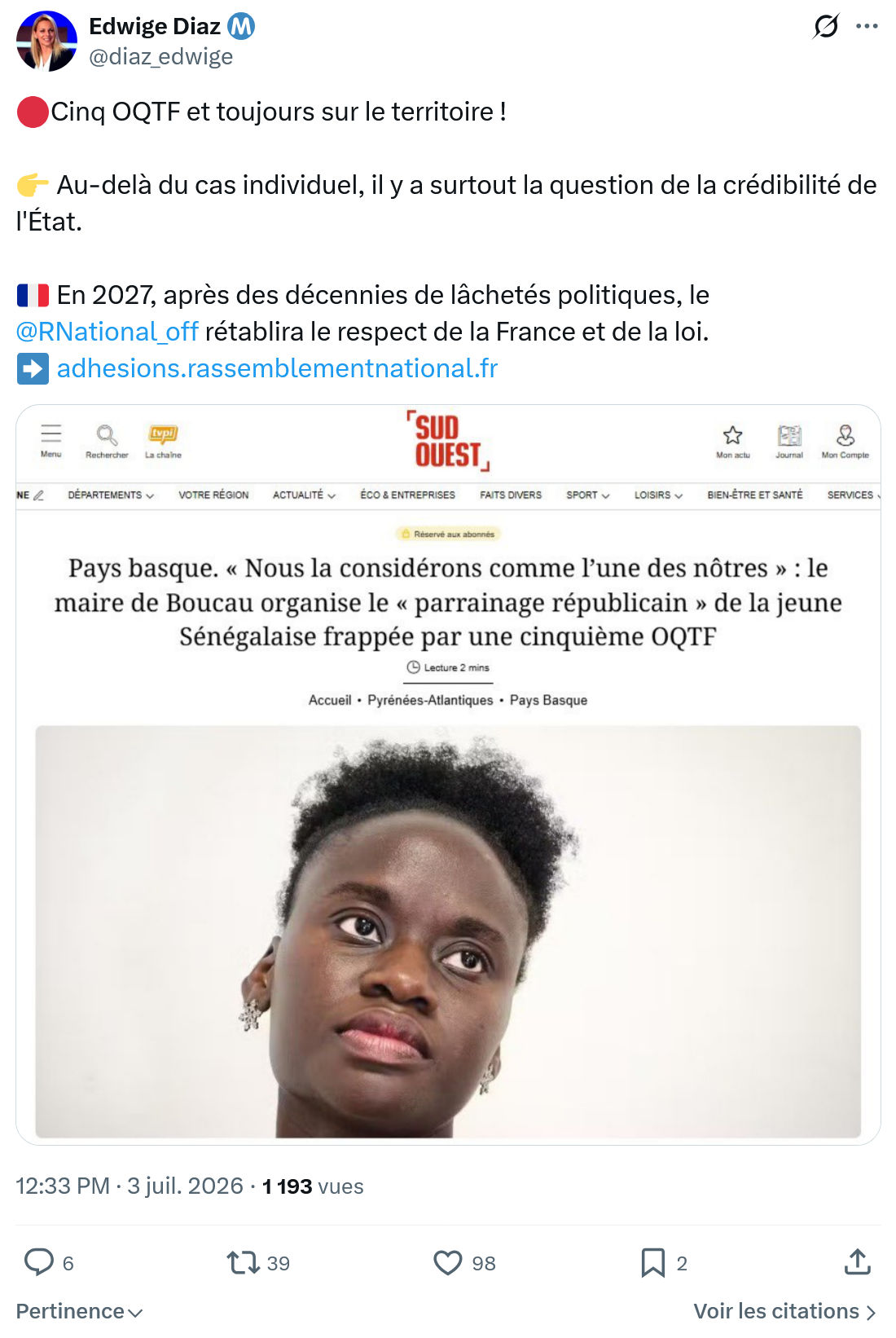 Edwige Diaz: Cinq OQTF et toujours sur le territoire !...