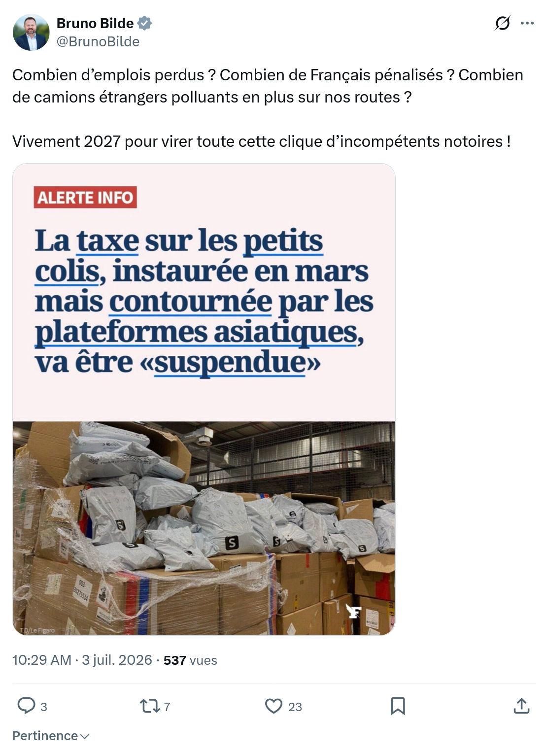 Bruno Bilde: Combien d’emplois perdus ?...