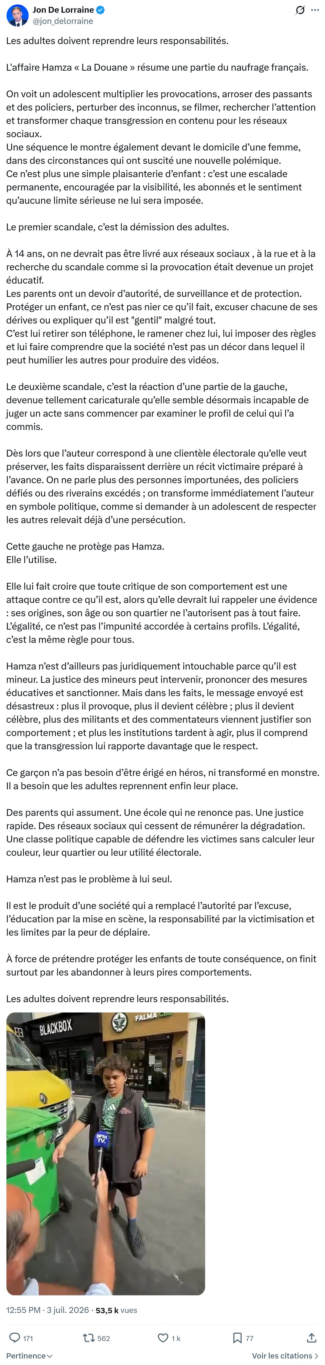 Jon De Lorraine: Les adultes doivent reprendre leurs responsabilités...