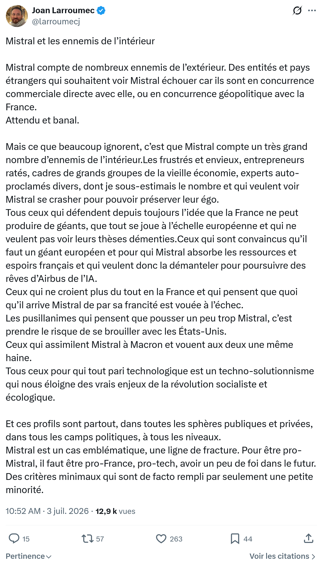 Joan Larroumec: Mistral et les ennemis de l’intérieur...
