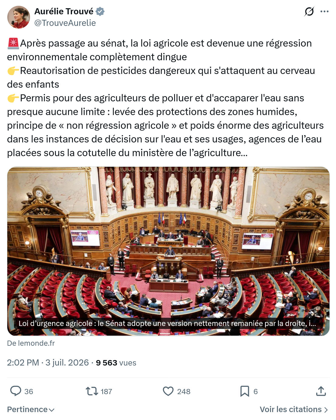 Aurélie Trouvé: Après passage au sénat, la loi agricole...