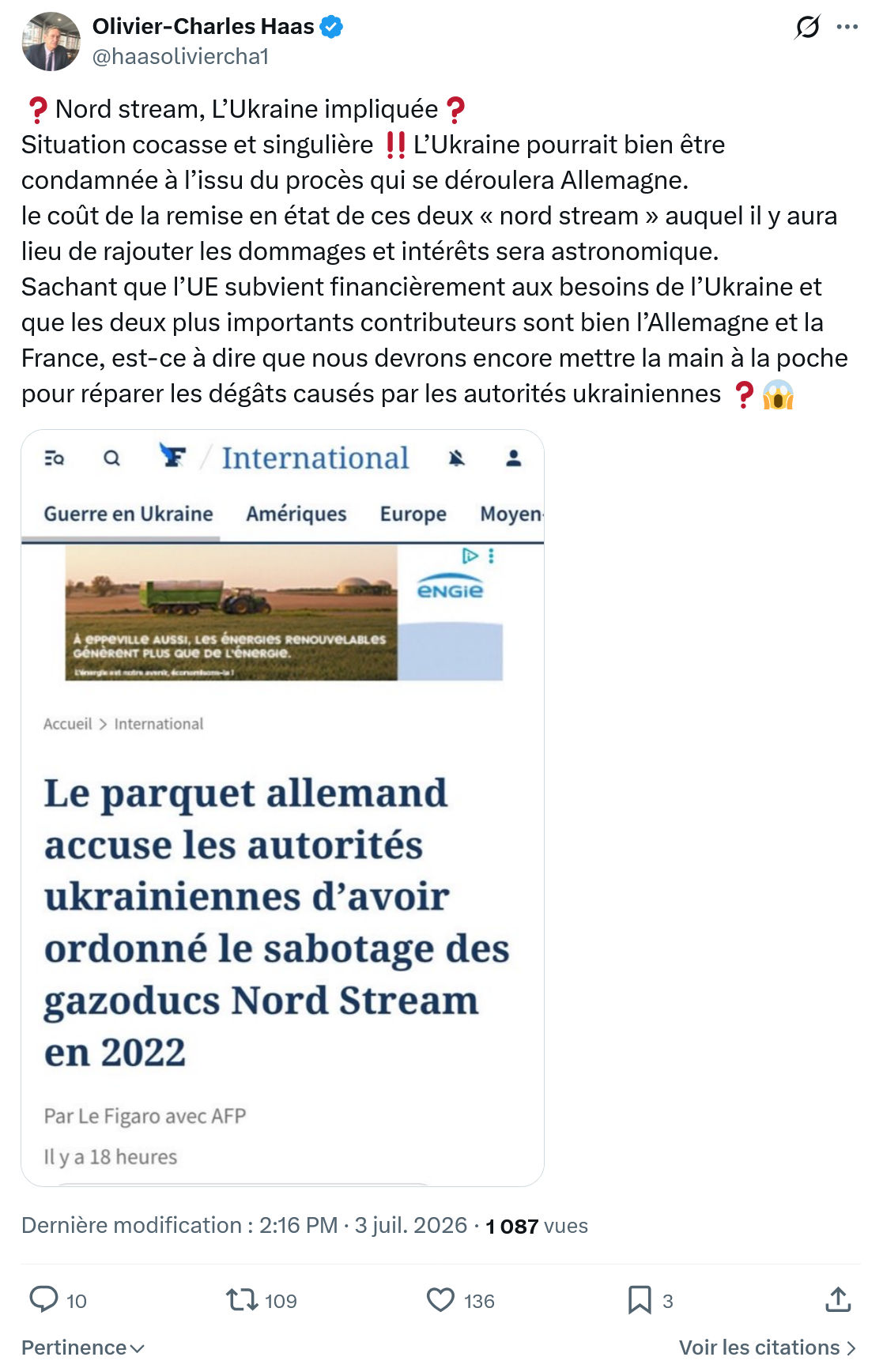 Olivier-Charles Haas: Nord stream, L’Ukraine impliquée...