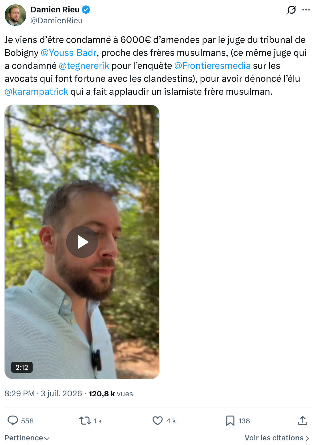 Damien Rieu: Je viens d’être condamné à 6000€...