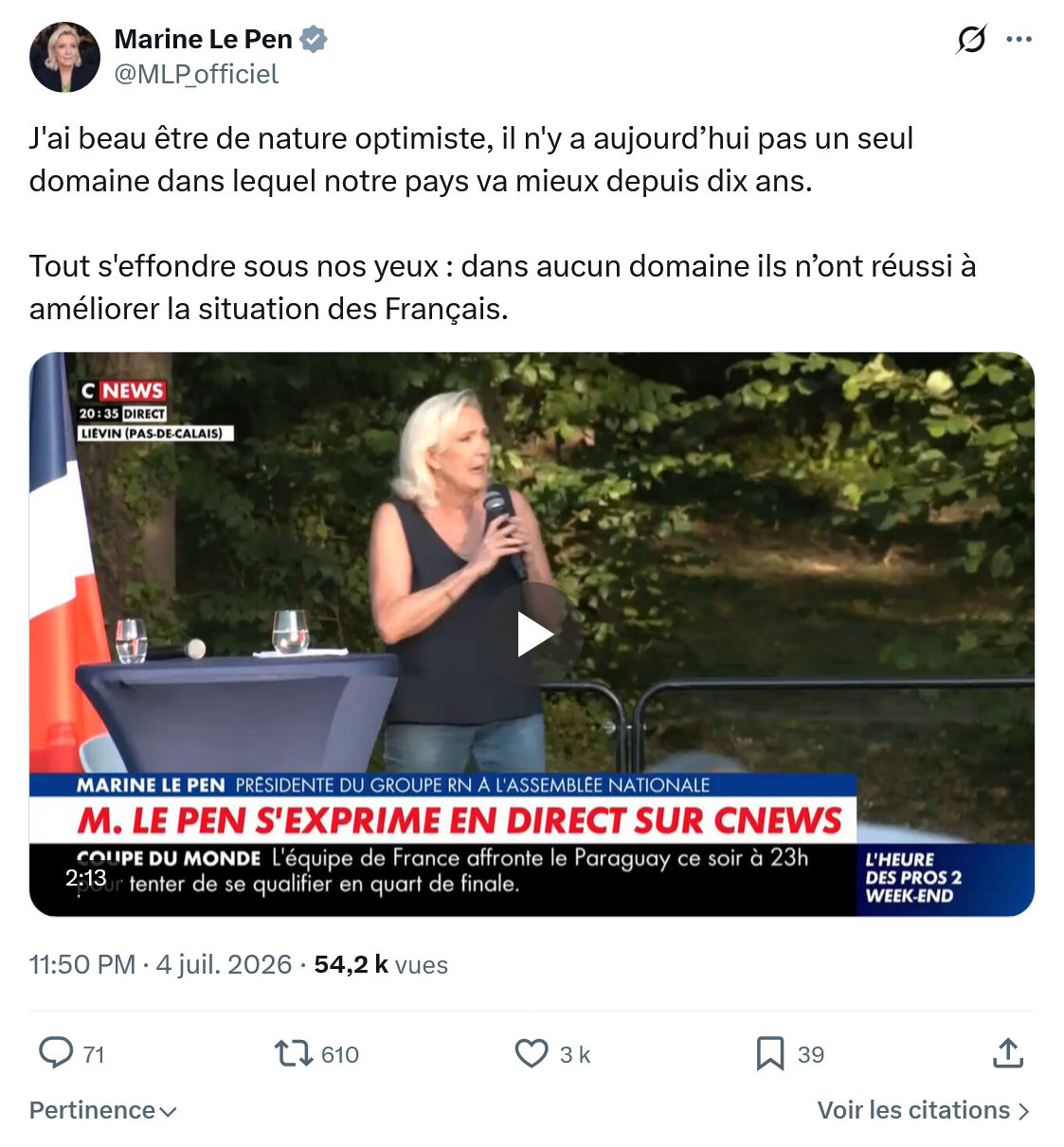 Marine Le Pen: J'ai beau être de nature optimiste...