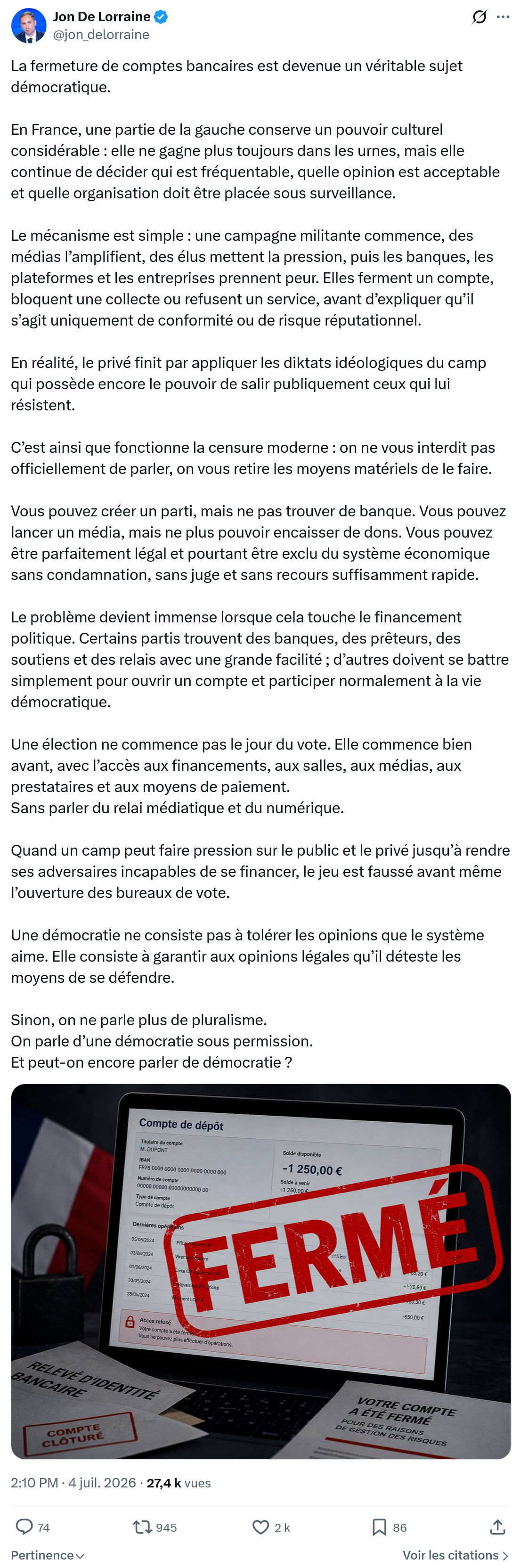 Jon De Lorraine: La fermeture de comptes bancaires...