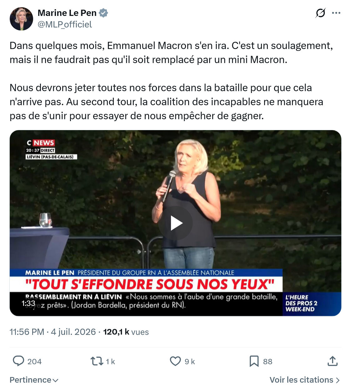 Marine Le Pen: Dans quelques mois, Emmanuel Macron s'en ira...
