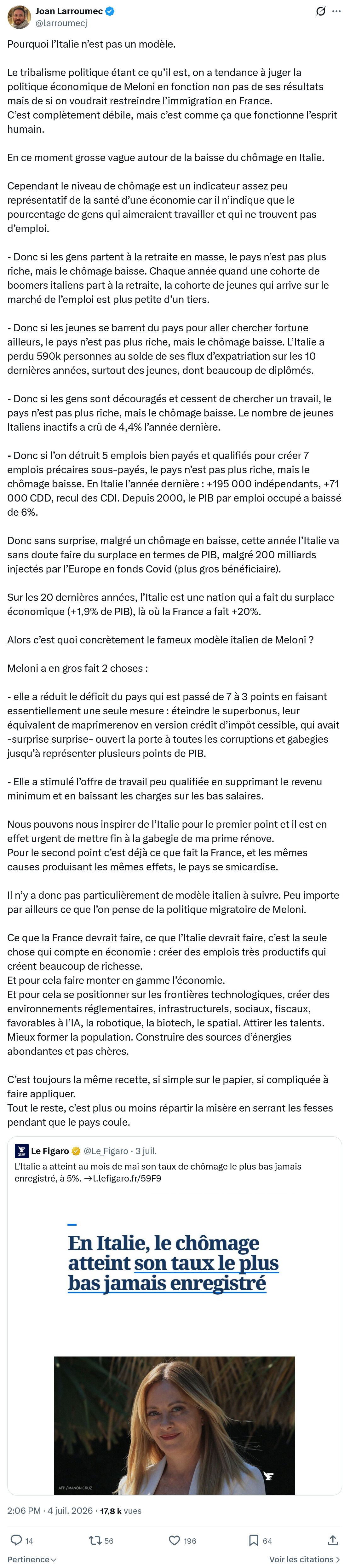 Joan Larroumec: Pourquoi l’Italie n’est pas un modèle...