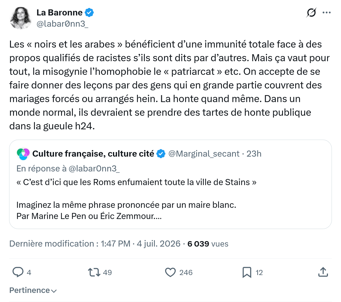 La Baronne: Les « noirs et les arabes » bénéficient...