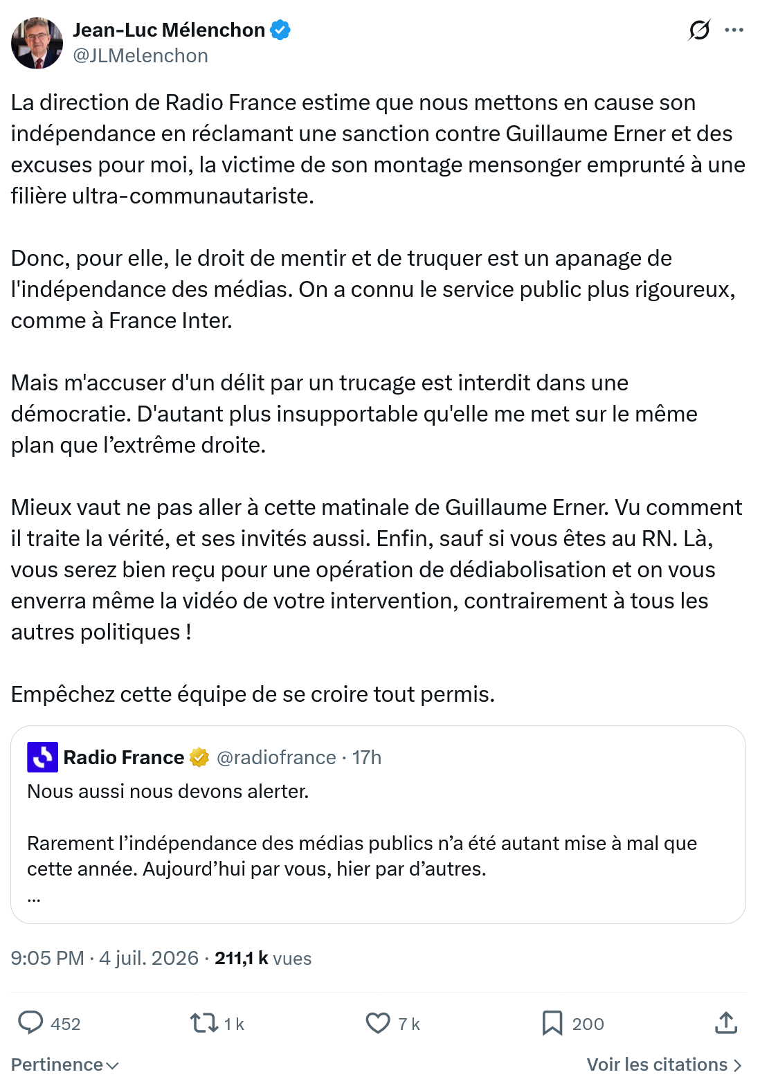 Jean-Luc Mélenchon: La direction de Radio France...