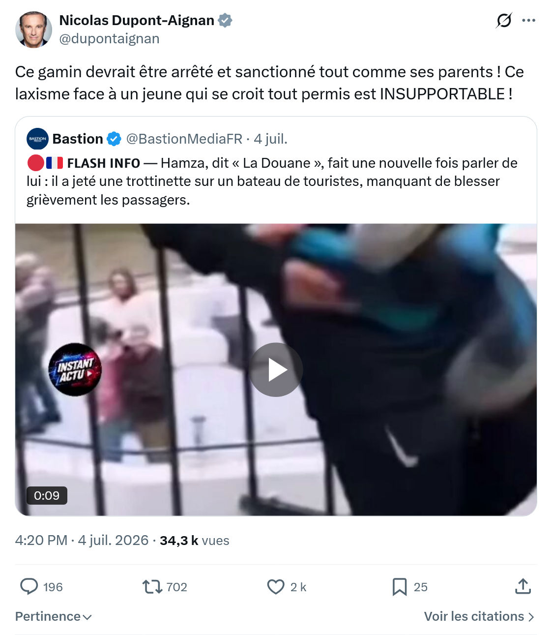 Nicolas Dupont-Aignan: Ce gamin devrait être arrêté et sanctionné...