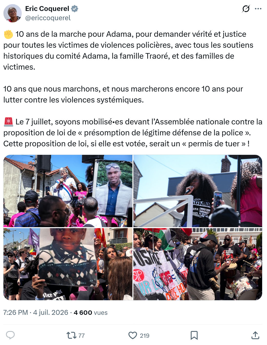 Eric Coquerel: ✊ 10 ans de la marche pour Adama...