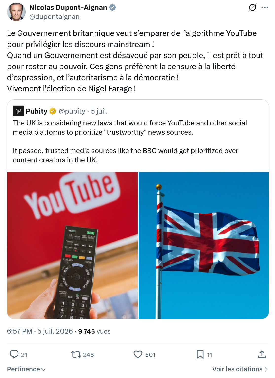 Nicolas Dupont-Aignan: Le Gouvernement britannique...