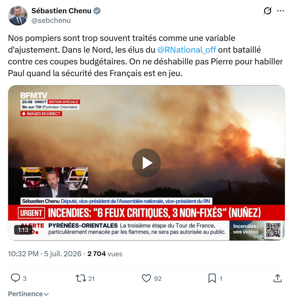 Sébastien Chenu: Nos pompiers sont trop souvent...