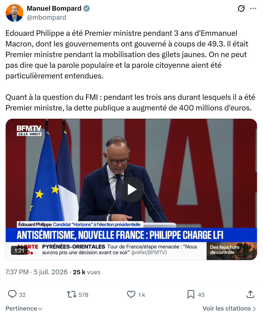 Manuel Bompard: Edouard Philippe a été Premier...