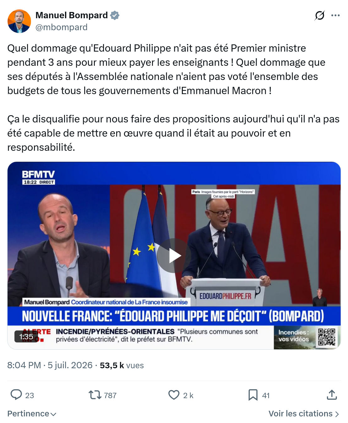 Manuel Bompard: Quel dommage qu'Edouard Philippe...