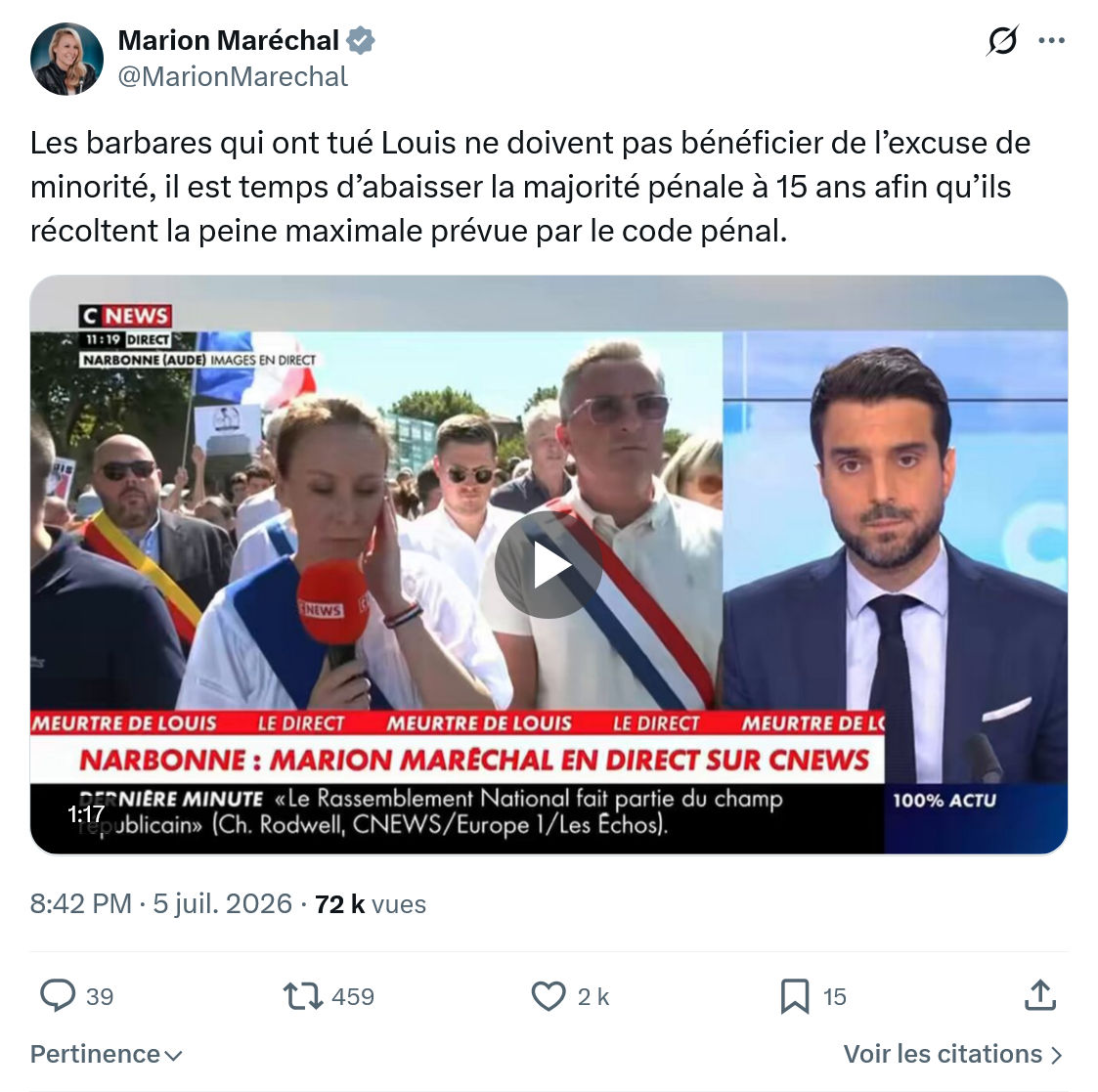Marion Maréchal- Le Pen: Les barbares qui ont tué Louis...