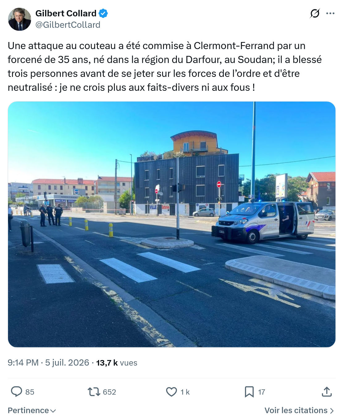 Gilbert Collard: Une attaque au couteau a été commise...